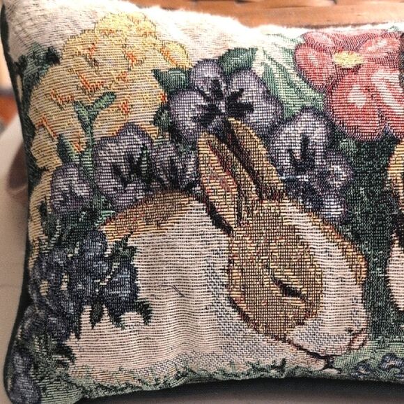 Vintage Floral Bunny Tapestry Accent Pillow Signed Linda Picken - Picture 2 of 7